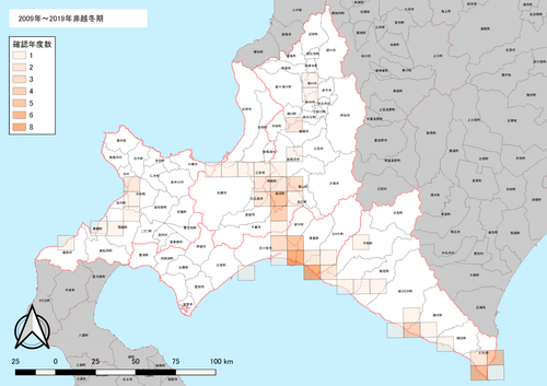 図1．非越冬期における目撃情報（2次メッシュ,2009～2019年）