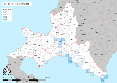 図2．越冬期における目撃情報（2次メッシュ,2010-2011年～2019-2020年）