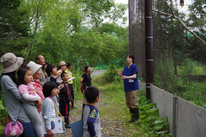 リハビリケージ前にて野生復帰のためのリハビリについて説明