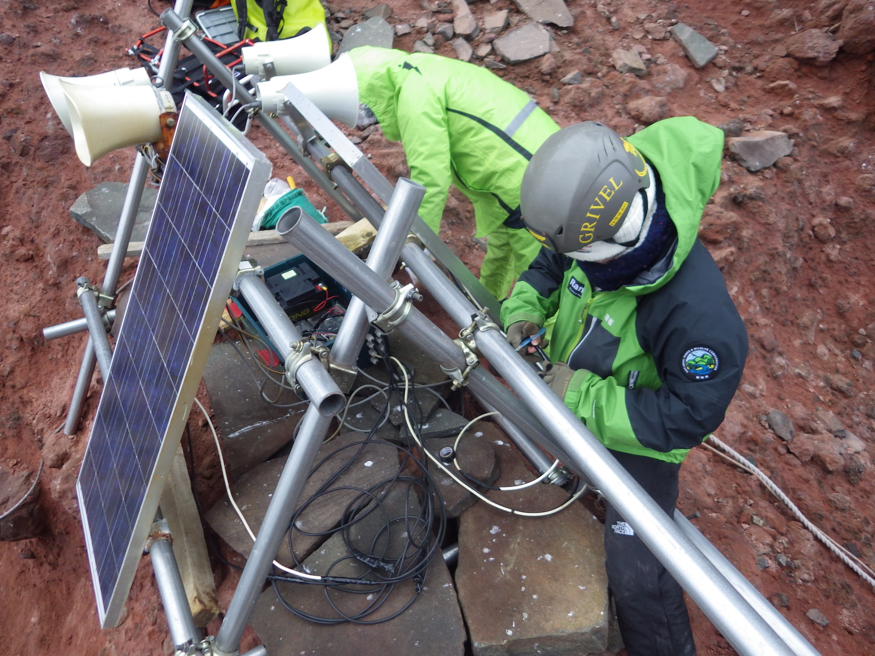 ウミガラスのモニタリング機材の設置風景